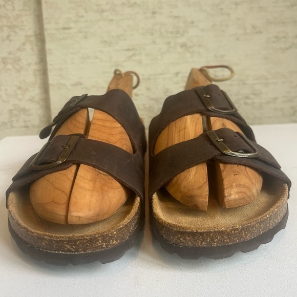 Autenti Brown Leather Double Buckle Sandals Cork Soles Size 10 - Picture 3 of 16